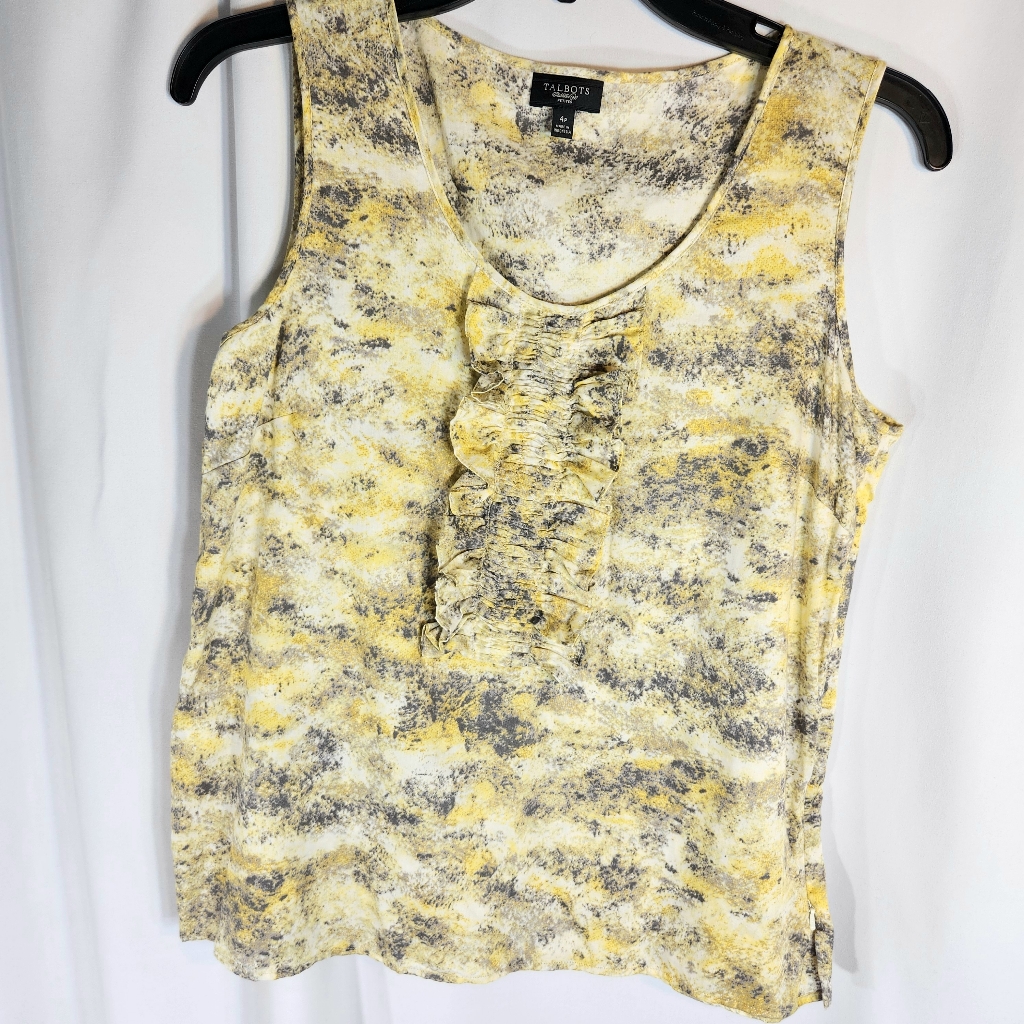 Talbot Petites Yellow Grey White Ruffle Front Sleeveless Top Size 4p